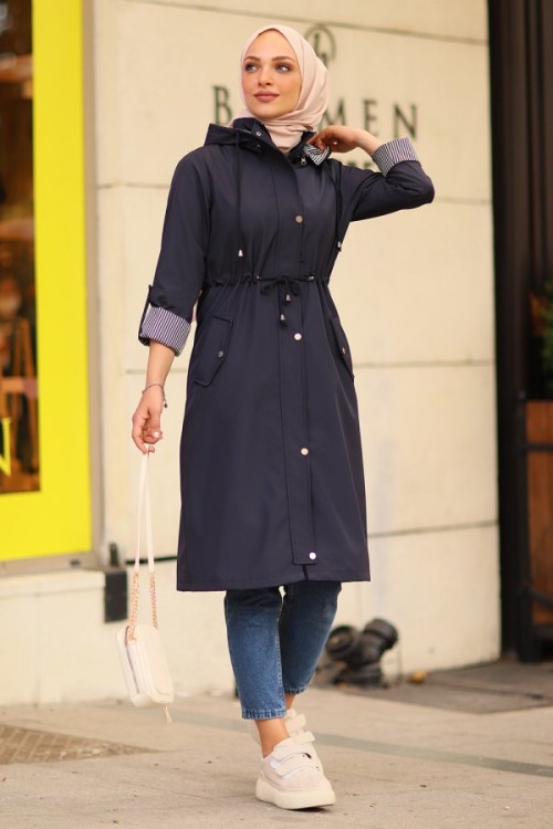 Bondit Kumaş Tesettür Trenç Lacivert