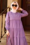 Fırfır Detaylı Kolu Büzgülü Koton Tesettür Elbise Lila