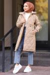 Yakası Kürklü Tesettür Mont Bej