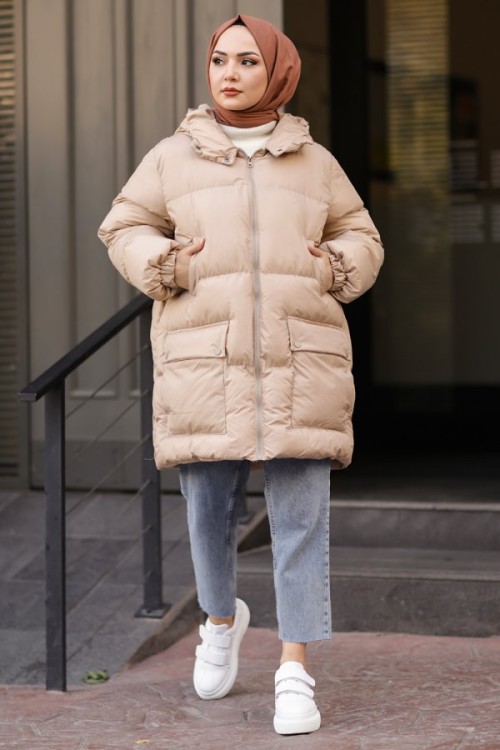 Fermuarlı Puffy Mont Tam Dolum AçıkBej