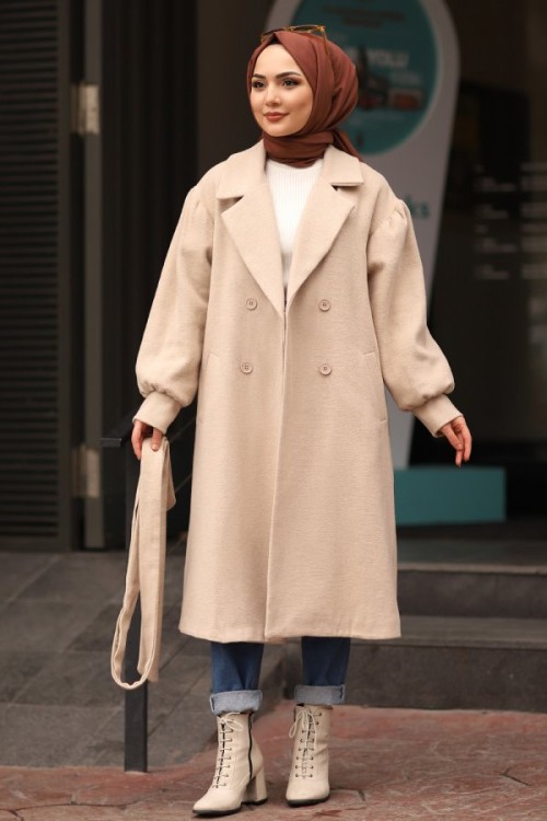 Premium Kalite Uzun Boy Kuşaklı Balon Kol Kaşe Tesettür Kaban Bej