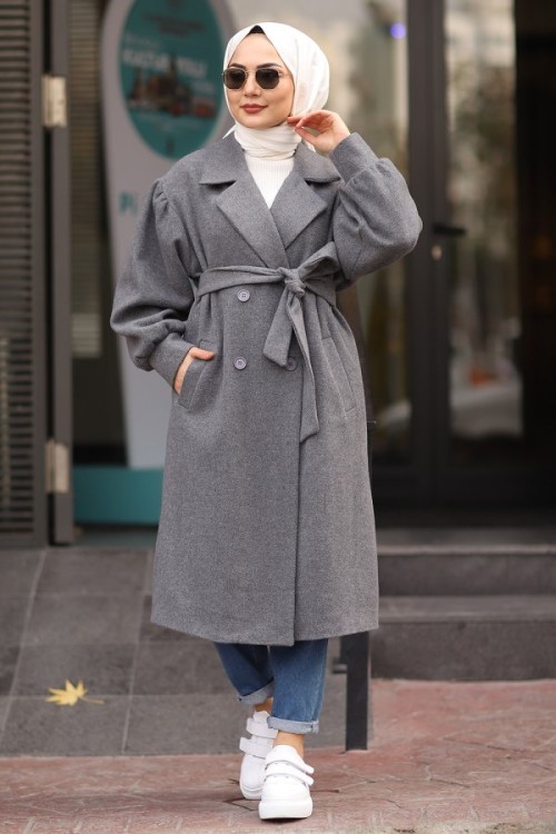Premium Kalite Uzun Boy Kuşaklı Balon Kol Kaşe Tesettür Kaban Gri