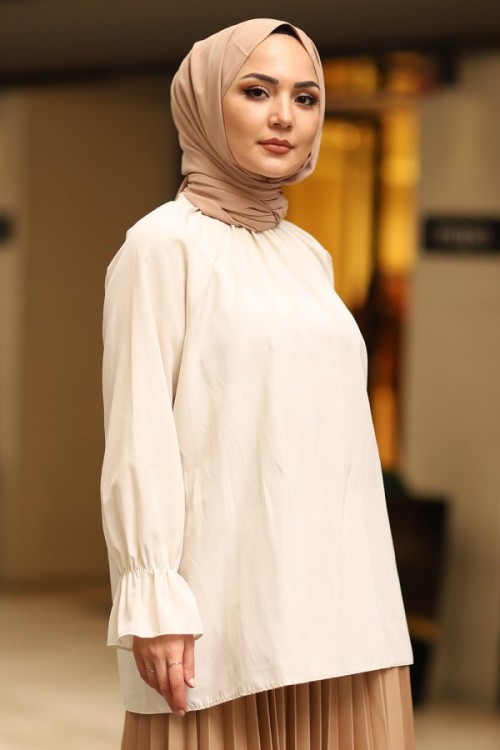 Pamuklu Kolu Büzgülü Gömlek Bej