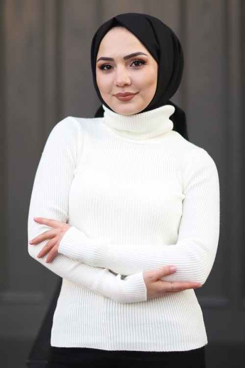Triko Boğazlı Tesettür Kazak Ekru