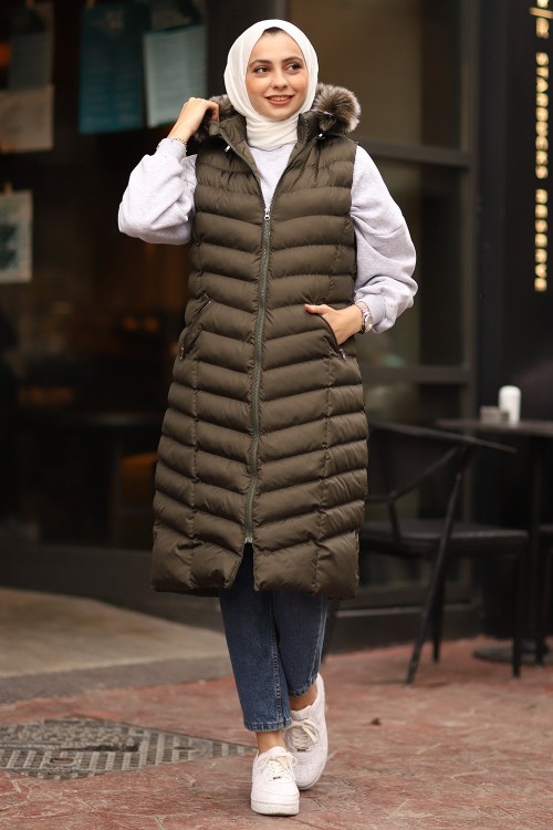 Tam Dolgu Verev Dikim Kürklü Tesettür Şişme Yelek Haki