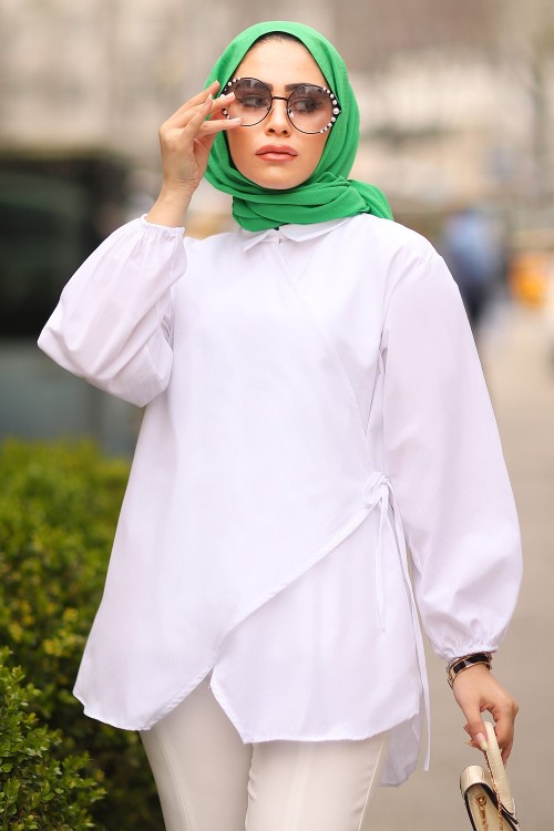 Asimetrik Bağcıklı Tesettür Tunik Beyaz