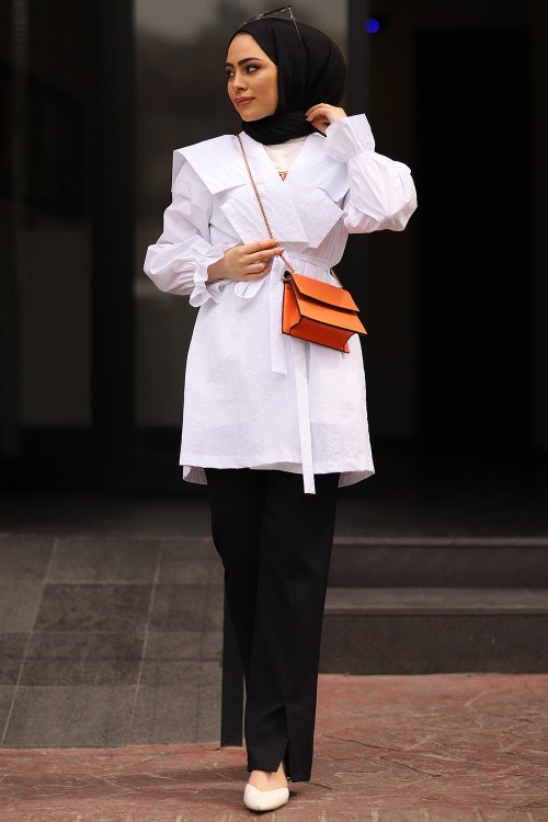 Royal Tesettür Trençkot Beyaz