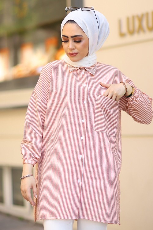 Kolu Lastikli Gofre Tesettür Gömlek Kiremit