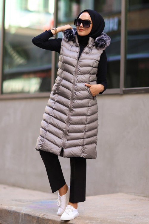 Tam Dolgu Verev Dikim Kürklü Tesettür Şişme Yelek Gri