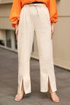 Keten Yırtmaçlı Pantolon Bej