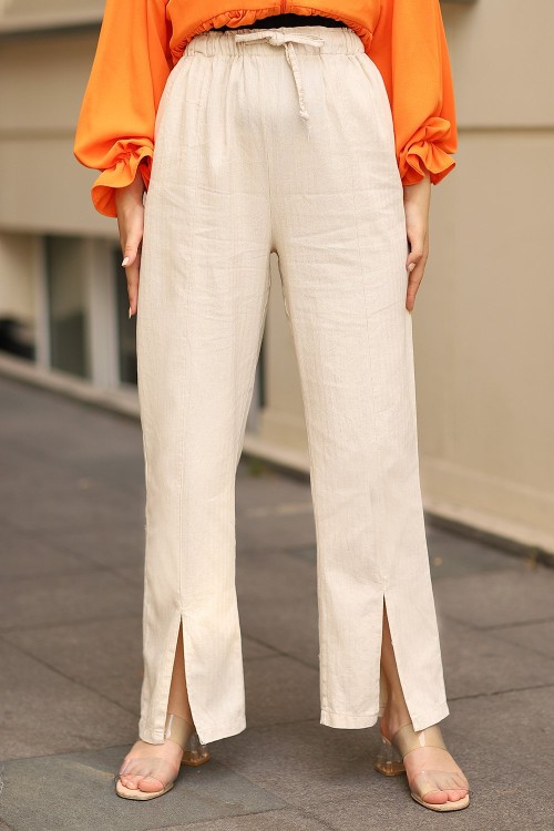 Keten Yırtmaçlı Pantolon Bej