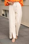 Keten Yırtmaçlı Pantolon Bej