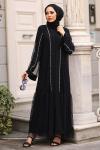 İnci Taşlı Şık Tesettür Abaya Siyah