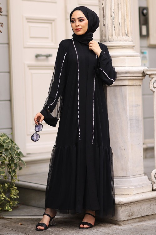 İnci Taşlı Şık Tesettür Abaya Siyah