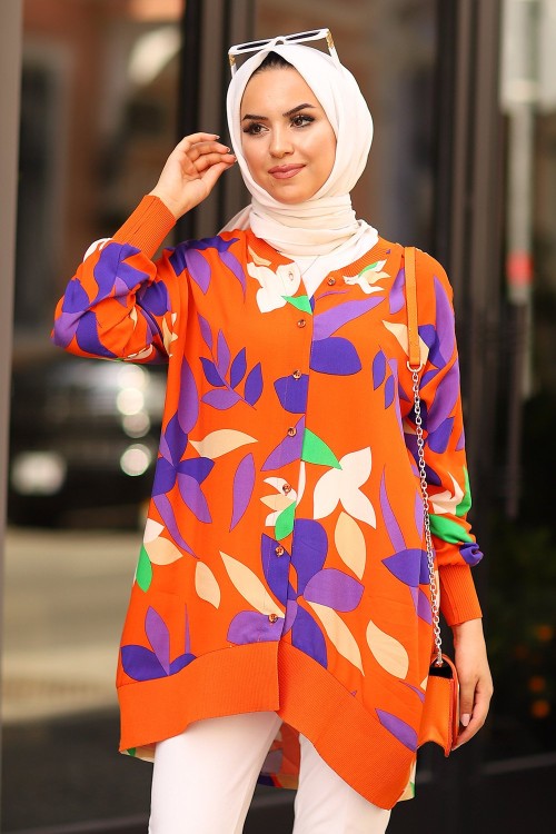 Yapraklı Viscon Tesettür Gömlek Oranj