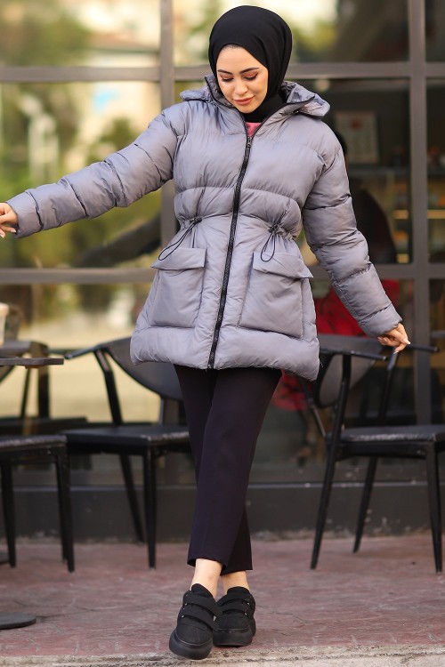 Kapak Cepli Tesettür Şişme Mont Gri
