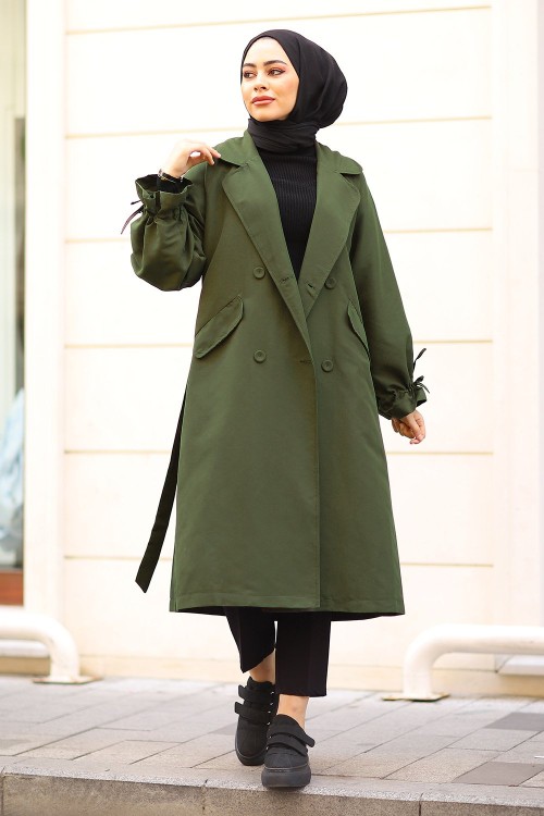 Kolları İpli Tesettür Trençkot Haki