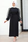 Kolları Tül Detaylı Krep Tesettür Elbise Siyah