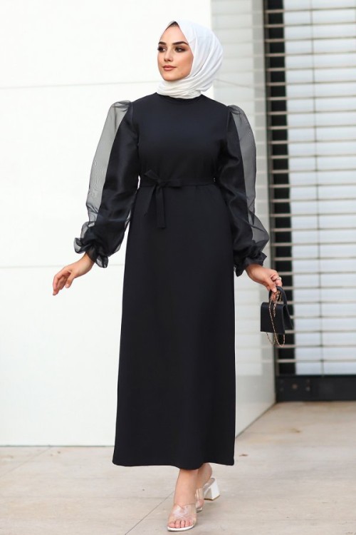Kolları Tül Detaylı Krep Tesettür Elbise Siyah
