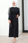 Kolları Tül Detaylı Krep Tesettür Elbise Siyah