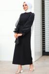 Kolları Tül Detaylı Krep Tesettür Elbise Siyah