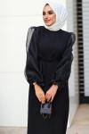 Kolları Tül Detaylı Krep Tesettür Elbise Siyah