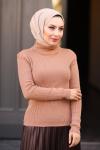 Triko Boğazlı Tesettür Kazak Bej