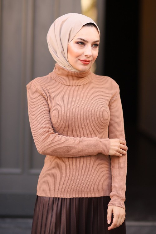 Triko Boğazlı Tesettür Kazak Bej