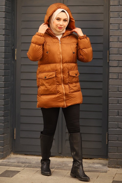 Fermuarlı Puffy Tam Dolum Tesettür Mont Koyu Taba