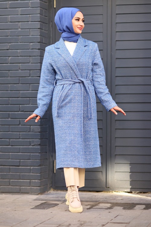 Kuşaklı Tesettür Kaşe Kaban Mavi
