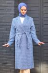 Kuşaklı Tesettür Kaşe Kaban Mavi