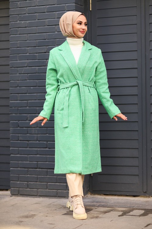 Kuşaklı Tesettür Kaşe Kaban Yeşil