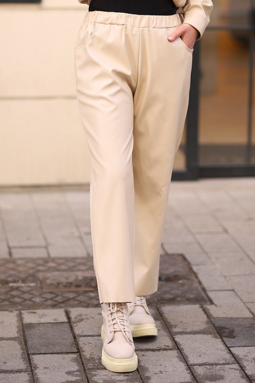 Cepli Beli Lastikli Deri Pantolon Bej