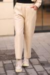 Cepli Beli Lastikli Deri Pantolon Bej