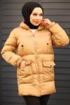 Fermuarlı Puffy Tam Dolum Tesettür Mont Bej