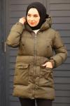 Fermuarlı Puffy Tam Dolum Tesettür Mont Haki