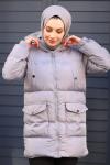 Fermuarlı Puffy Tam Dolum Tesettür Mont Gri