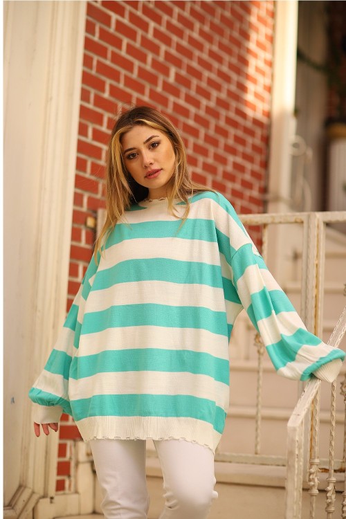 Yaka İp Detaylı Tesettür Triko Aqua