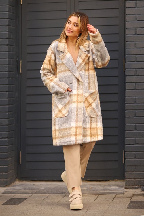 Düğmeli Tesettür Kaşe Kaban Camel Gri