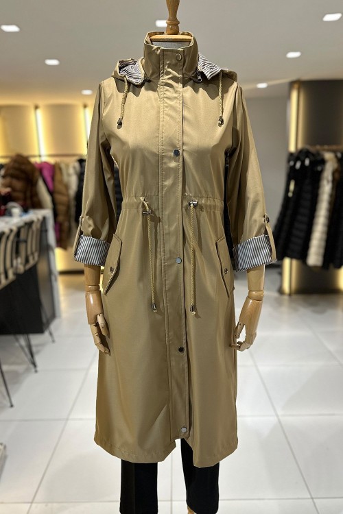 Bondit Kumaş Tesettür Trenç Camel