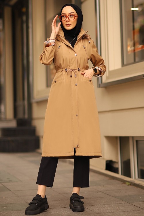 Ekoseli Tesettür Trenç Camel