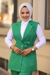Çizgili Üçlü Tesettür Takım Zümrüt
