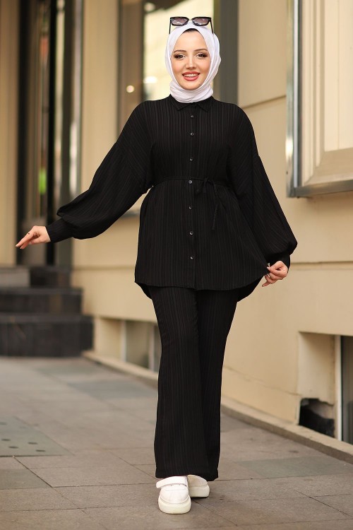 Pamuklu Kumaş İpli Gofre Tesettür Takım Siyah