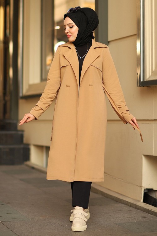 Pamuklu Gabardin Kumaş Çift Düğmeli Trençkot Camel