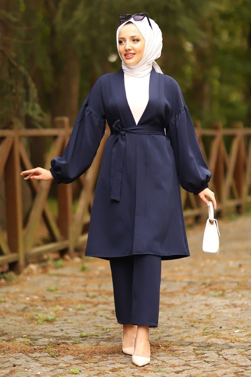 Balon Kol Kemerli Ceket Pantolon Tesettür Takım Lacivert