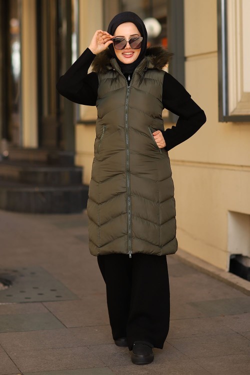 Zikzak Desen Tam Dolum Tesettür Şişme Yelek Haki