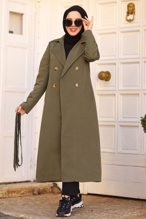 Gabardin Kumaş Tesettür Trençkot Haki
