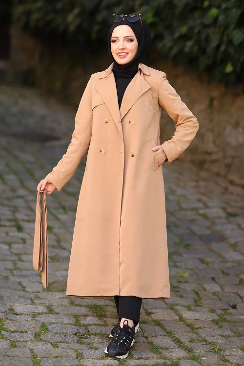 Gabardin Kumaş Tesettür Trençkot Camel