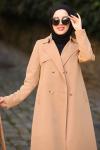 Gabardin Kumaş Tesettür Trençkot Camel
