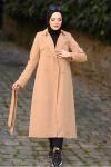 Gabardin Kumaş Tesettür Trençkot Camel